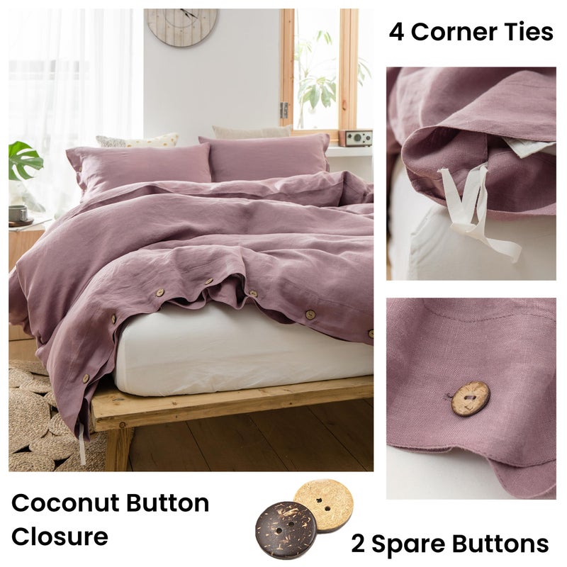 Simple&Opulence 100% Linen Duvet Cover Set 3pcs with Coconut Button Closure Natural French Washed Flax Solid Color Soft Breathable Farmhouse Bedding - Purple, Queen Size - Image 3